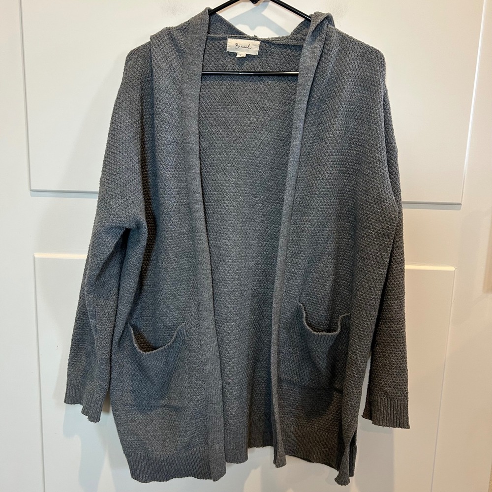 Becool Womens Gray Textured Waffle Knit Hooded Open Front Cardigan Sweater L